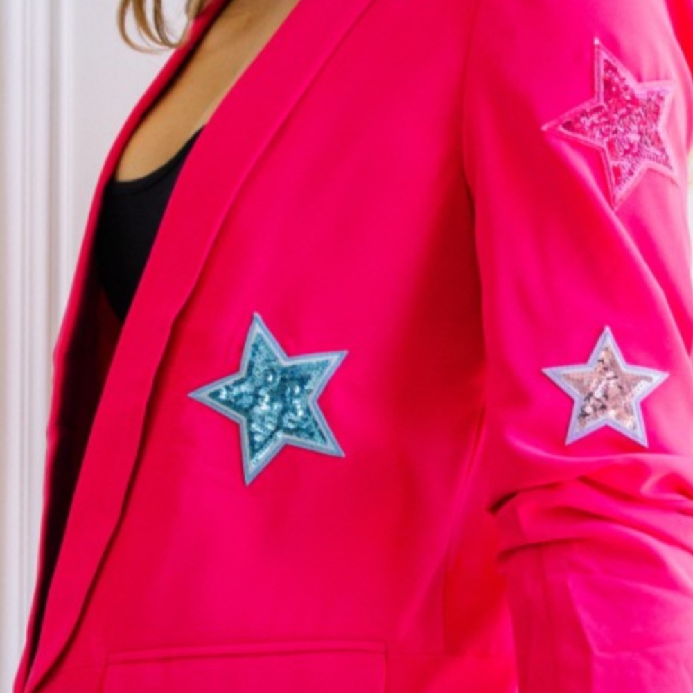 B126🌸Stunning sequin star hot pink blazer w/3/4 ruched sleeves-classy+ sassy!🌸 - Picture 7 of 11